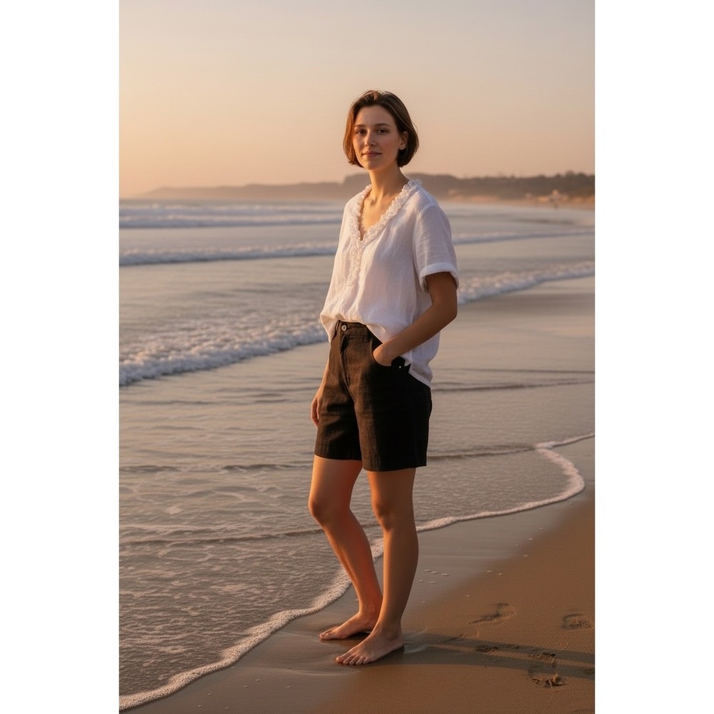 Talbots Linen Blouse‎ Womens 8P White Ruffle V-Neck Short Sleeve Top 2085